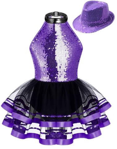 inhzoy Vestito da Pattinaggio Artistico Bambina con Cappello di Paillettes Abito tutù Danza Ballerina Body Danza Classica Ginnastica Ritmica Costume da Ballo Latino Americano
