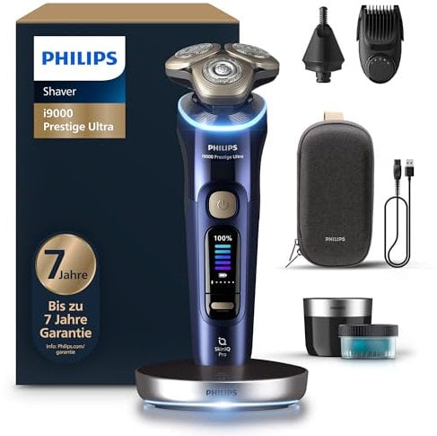 Philips Rasierer i9000 Prestige Ultra, Nass- und Trockenrasierer, adriatic, Druck- und Bewegungssensor, 5+1 Bartstyler, Nasenhaartrimmer, Reinigungsstation, Ladestation und Reiseetui, Modell XP9401/38
