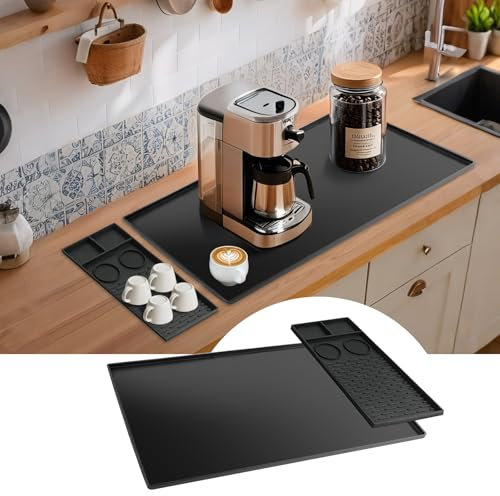 Silicone Coffee Mat 40x60cm With Detachable Raised Edges 19x40cm,Kitchen Bar Accessories Fits Under Coffee Maker and Pot,Coffee Machine Mat,Dish Drying Mat for Sugar Packets,Cups,Countertop Protection