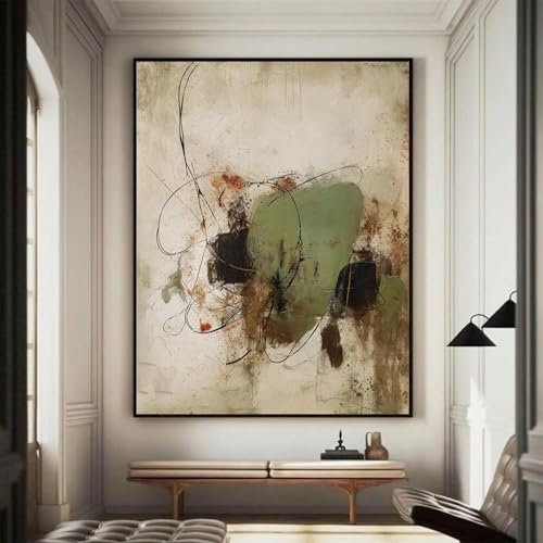 GOSRD Drucke auf Leinwand, grün-beige, abstrakte Malerei, minimalistisches beiges Wabi-Sabi-Wandbild, modernes grünes Boho-Wanddekor aus der Mitte des Jahrhunderts, 90 x 130 cm, rahmenlos