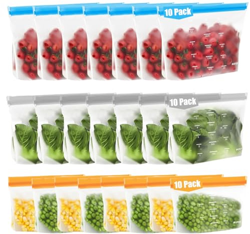 DaMohony 30 Pack Reusable Freezer Bags with Stand-Up Bottom, BPA‑Free PEVA | Large Zip Lock Food Storage Bags, Leakproof Freezer Safe Sandwich Bags for Ice Cubes, Meal Prep, Soup, Leftovers, Vegetables