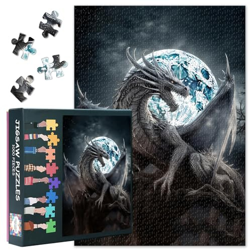 Jigsaw Puzzles for Adults 1000 Pieces - Dragon Lunar Flames Epic Fantasy Artwork, Challenging Adult Puzzles with Premium Quality - Completed Size 27.5x19.7 in