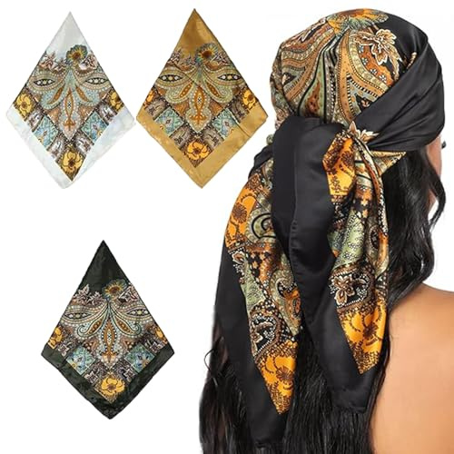 Sikweny 3 Stück Seidentuch 90 x 90cm Kopftuch Damen Sommer Bandana Damen Satin Tuch Quadratische Schals SeidentüCher Silk Scarf Quadratisch Satin-Kopftuch für Alltag