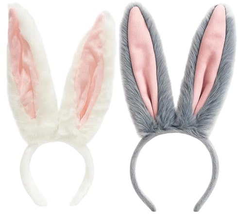 Qnvyw 2 Stück Hasenohren Haarreif Set, Grau & Weiß | Bunny Ears Headband für Karneval, Halloween & Cosplay