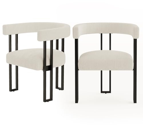 Esszimmerstühle 2er Set, Cord Gepolstert Küchenstühle mit Armlehnen,Creme | Mid-Century Stühle Esszimmer mit Metallbeinen,gebogene Armlehnen,komfortable Polsterung für Küche, Esszimmer und Wohnzimmer