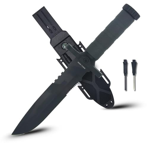 Generico Coltello Sopravvivenza con Lama da 19 cm in Acciaio Inossidabile, Manico Grigio e Fodero in ABS, Accendifuoco, Fischietto e Pietra per Affilare – Ideale per Campeggio, Caccia e Pesca