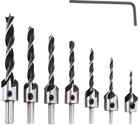 7 Stück Bohrer mit Senker 3 4 5 6 7 8 10 mm Bohrer Set Senkbohrer Senkbohrer mit Tiefenanschlag Holzverarbeitung Countersink Drill Werkzeug mit Gratis Inbusschlüssel für Holzbearbeitung