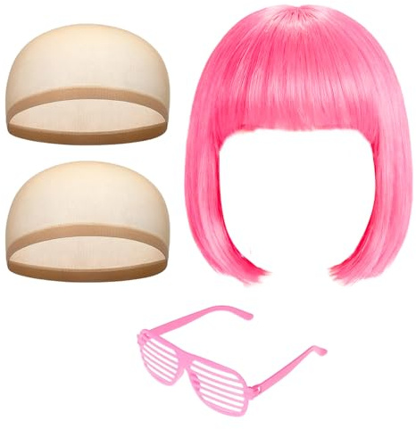 CERCTLA Perruque Partyrama, Perruque Coupe au Carré Classique avec Lunettes de Soleil en Forme de Cœur et Bonnet, Bob Perruques Rose pour Femmes pour Le Carnaval et Motto Party