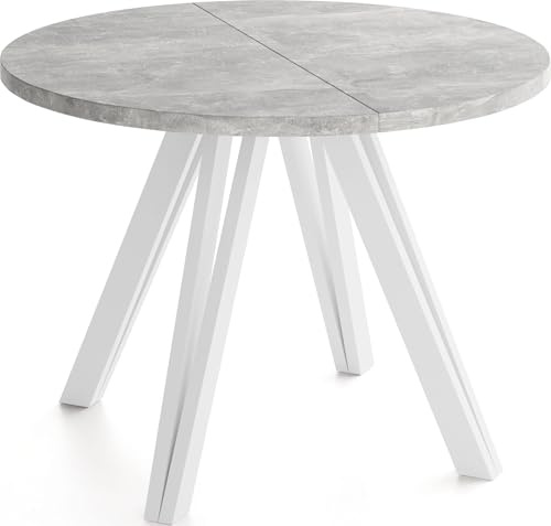 WFL GROUP Runder Esstisch Ausziehbar 100–140 cm mit Weißen Holzbeinen aus Buchenholz – Moderner Ausziehtisch für Esszimmer, Küche und Wohnzimmer – Tisch für 4–8 Personen – Beton Grau