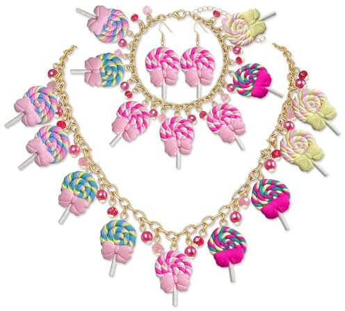 RAOPNHS 3 Stück Candy Schmuck Set, mit Bunte Lollipop Halskette, Armband und Ohrringe, Candy Girl Accessoires, Damen Karneval Verkleidung, für Fasching Mottoparty Geburtstag