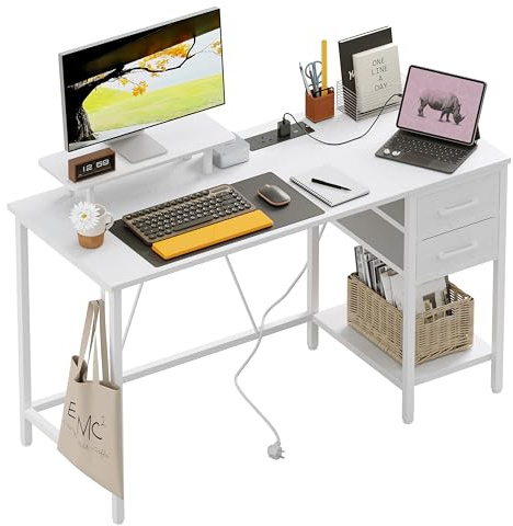 Xyphren Escritorio con enchufes, 2 cajones y Soporte de Monitor extraíble, Escritorio de Ordenador para Home Office, Estudio y Dormitorio, 100x50cm, Blanco