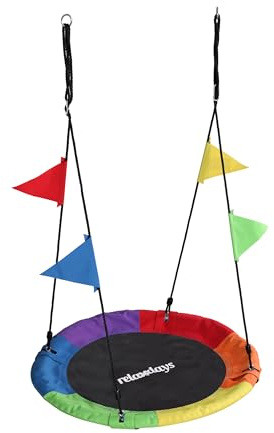 Relaxdays Nestschaukel, runde Hängeschaukel, mit Wimpeln, Kinder, bunt | verstellbar, outdoor, Ø: 100 cm, bis 100 kg