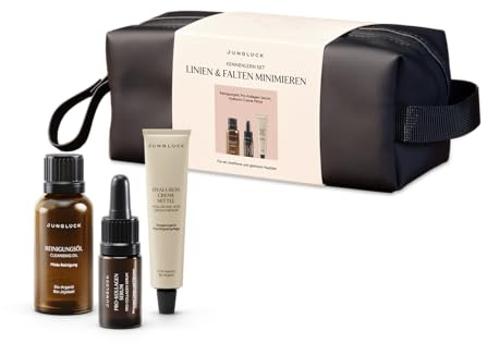 JUNGLÜCK Kennenlern Set Linien & Falten minimieren | Skincare Geschenkset mit Reinigungsöl, Pro-Kollagen Serum & Hyaluron Creme Mittel