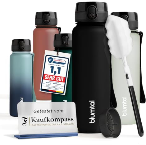 Blumtal Trinkflasche 500ml – Im F.A.Z. Kaufkompass getestet – schwarz | Tritan Trinkflasche Sport & Outdoor - Sportflasche BPA-frei - Gym Flasche mit 1-Klick-Verschluss & Sieb - spülmaschinenfest