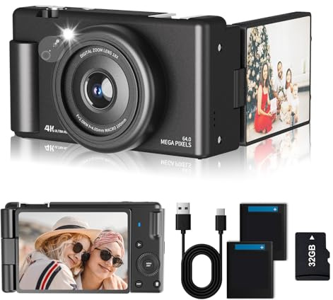 4K Digital Camera 64MP Auto Focus, Retro Vlogging Camera for YouTube with 2.8 270° Flip Screen, 16X Zoom Cameras for photography with 32GB Card, 2 Batteries
