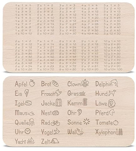 GRAVURZEILE Frühstücksbrettchen mit Gravur - ABC + 1x1 Design im Set - Brettchen für Kinder zum einfachen Lernen - Geschenkidee zur Einschulung für Mädchen & Jungen - 100% Buchenholz - 23x15x1 cm