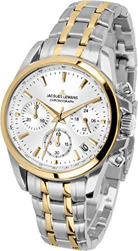 JACQUES LEMANS Damenuhr Liverpool Metallband massiv Edelstahl ip-Gold/Bicolor Chronograph 1-1863ZF