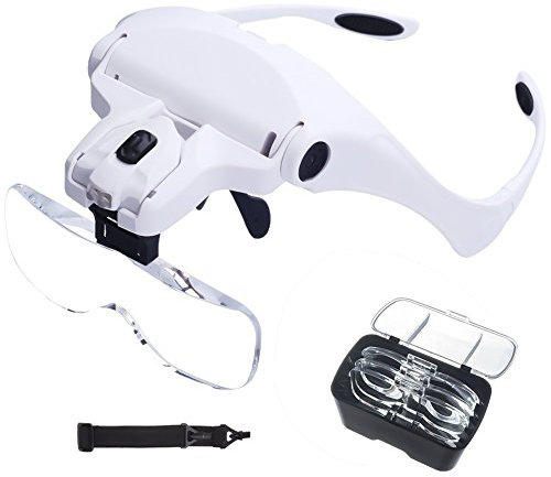 LED Kopfband Lupenbrille, Queta Led Kopfband Lupen Lampe Stirnband Brille Lupen für Lesen, Juweliere und Reparieren, 5 Austauschbare Linsen 1.0X, 1.5X, 2.0X, 2.5X, 3.5X