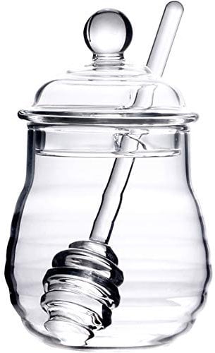 Lawei 300ml Honey Jar with Spoon and Lid Glass Honey Pot with Dipper Heat Resistant Glass Honey Dispenser Glass Container