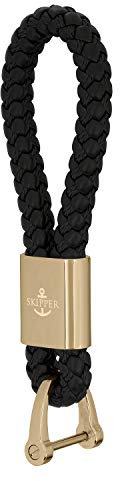Skipper Schlüsselanhänger mit D-Schäkel aus Leder Imitat geflochten Schlüsselbund Schlüsselband Keychain Geschenk für Frau Mann Freund Auto Fahrrad Motorrad Boot 41 Gold 8252 - Schwarz