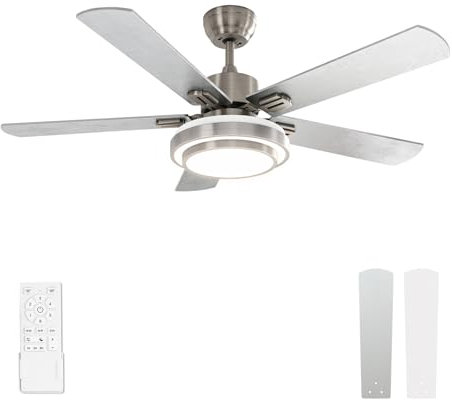warmiplanet Deckenventilator mit LED-Licht und Fernbedienung, 132cm, gebürstetes Nickel, 6 Geschwindigkeiten, umschaltbarer DC-Motor, 3 Farben, dimmbares Licht, Timer, geräuschlos（5-Blätter）