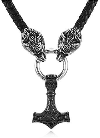 PiercingJak Herren Thors Hammer Halskette Wikinger Fenris Wolf Geflochtene Lederkette mit Edelstahl Mjölnir Keltischer Knoten Anhänger Nordischer Schmuck Amulett Mann, Schwarz