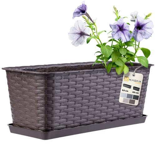KADAX Jardinière Rectangulaire 40 cm, Balconnière en Plastique Aspect Rotin avec Soucoupe pour Embellir Votre Espace Extérieur (Marron)