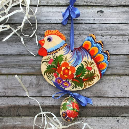 Osterdekoration zum Aufhängen für Zweige oder Fenster Deko -Huhn mit Osterei 11 x 8,5 x 0,5 cm + das Ei 3-4 сm aus Holz nach Ukrainischer Art Handbemalt