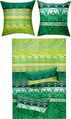 Erwin Müller Bettwäsche, Bettgarnitur, Bettbezug, Wende-Kissenbezug Mako-Satin orientalisch, grün Größe 80x80 cm / 155x200 cm - temperaturausgleichend, mit Reißverschluss
