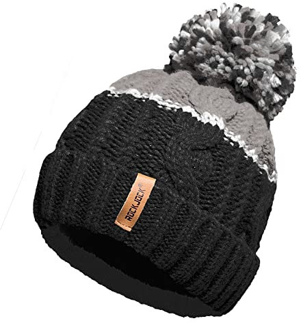 Unisex Herren Damen Warm Winter Chunky Color Block Ski Bommel Bommelmütze mit Kuscheligem Thermo Teddy Fleece Liner