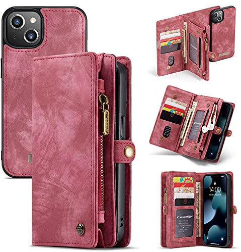caseme Leather Flip Wallet Case for iPhone 13 Mini,Detachable Back Magnetic Closure 2-in-1 Shockproof Zipper Purse Cover with Card Slots (13 Mini, Red)