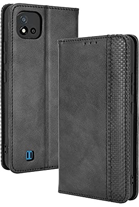 WEIOU Hülle für Realme C11 (2021), Premium TPU/PU Leder Klappbar Schutzhülle Tasche Handyhülle mit Standfunktion & Kartensteckplätzen, Schwarz