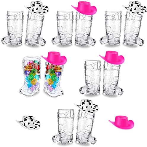 Sawysine 24 Pcs Cowgirl Hat Mini Western Cowboy Hat & Tiny Plastic Beer Glasses Reusable Boot Shot Glasses Cowboy Shot GlassesDrinking Beverage Bar Bachelorette Party Decoration (Cow Print, Pink)