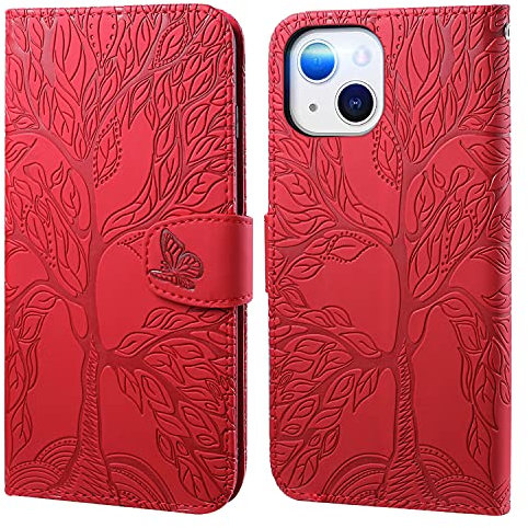 Aisenth Wallet Case for iPhone 14 (6.1 inch), The Tree of Life Embossed PU Leather Wallet Flip Folio Case Magnetic Protective Cover with Stand function, Card Slots + 1 Wrist Strap (Red)