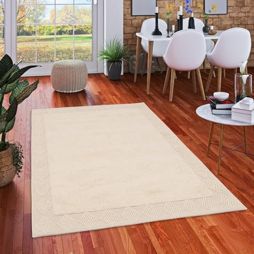 Pergamon Natur Teppich Shaggy Wolle Linea Wollweiss Bordüre in 7 Größen