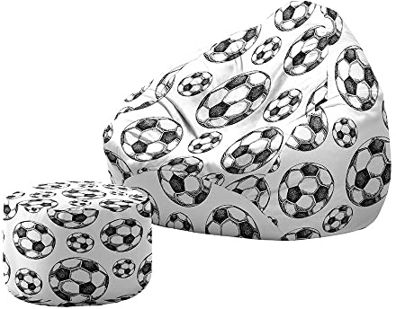 Treer Sitzsack mit Lehne und Hocker mit Ohne Füllung Großes Sofa Lazy Lounger Sitzsack Stuhlbezug Indoor Sitzsack Abdeckung für Kinder und Jugendliche (100x120+20x30cm,Fußball B)