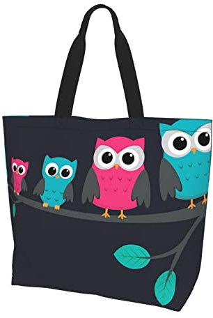JCAKES Wiederverwendbare Einkaufstasche – niedliche Eulen, lässige Handtasche für Damen, große Tragetasche und Schultertasche, Strandtasche, Schwarz , Einheitsgröße