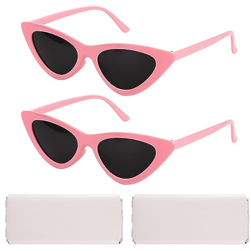 BOXOB 2 Stück Katzenaugen Sonnenbrillen für Damen, Trendige Vintage Sonnenbrillen für Damen Retro Sonnenbrillen Set für Party Täglicher Gebrauch mit 2 Stück Sonnenbrillentaschen (Rosa)