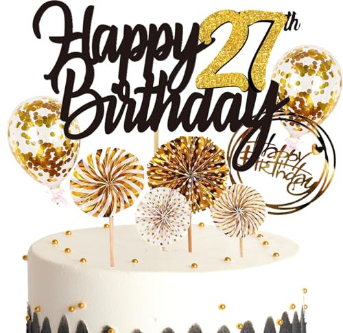 Feelairy Tortendeko Happy Birthday Gold Kuchendeko 27. Geburtstag Frau, Kuchen Topper Happy 27th Birthday, Cake Topper 27. Geburtstag Ballons Konfetti für Geburtstagstorte Deko 27 Jahre Frauen Männer
