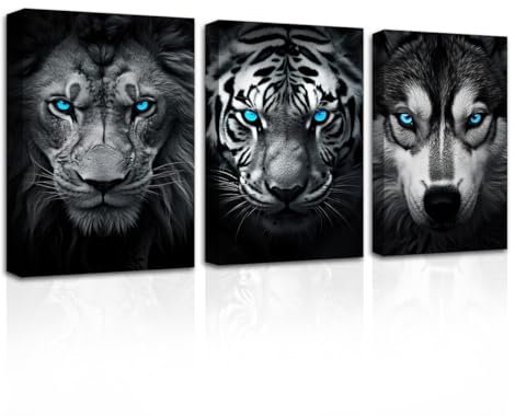 CXHOSTENT Schwarz weiße Tiere auf Leinwand 3-teilig Tiger Löwe Wolfskopf mit blauen Augen Kunstdrucke Wildtierbilder gerahmt (B, 40.00 x 60.00 cms x 3PCS)