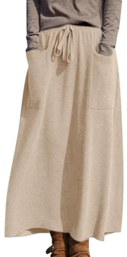 Minetom Strickrock Damen Herbst Winter Stricken Lange Röcke Hohe Taille Elegant Elastisch Einfarbig A-Linie Midi Rock mit Tasche C Beige S