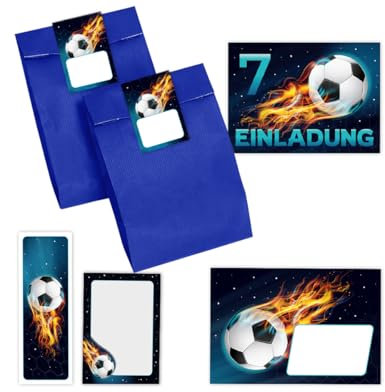 12 Einladungskarten 7. Kindergeburtstag Junge Fussball Einladungen siebte Jungsgeburtstag Fußball incl. 12 Umschläge, 12 Partytüten/blau, 12 Aufkleber, 12 Lesezeichen, 12 Mini-Notizblöcke