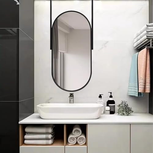 KAZUP Ovaler Schminkspiegel, großer Decken-Hängespiegel, Kosmetikspiegel mit Doppelausleger, schwebender Spiegel mit Metallrahmen für Badezimmer, Schlafzimmer, Wohnzimmer, Eingangsbereich, Schwarz