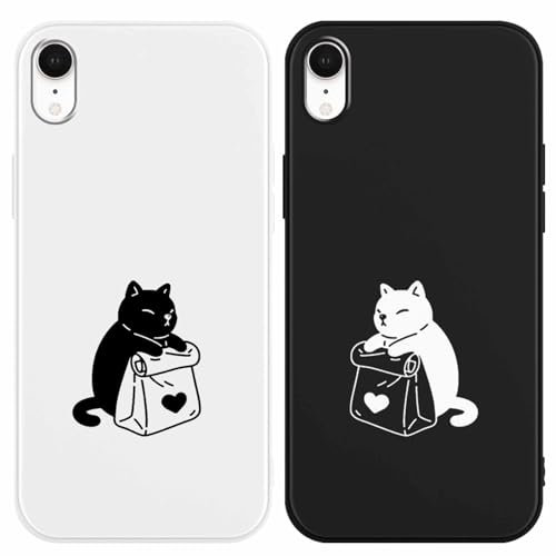 Yoedge 2 Pack Cute Lovers Cat Phone Case for iPhone XR 6,1, Ultrathin Soft TPU Silicone with Aesthetics Pattern, Shockproof Bumper Protector Matte Cover for iPhone XR, Girls Women Black White