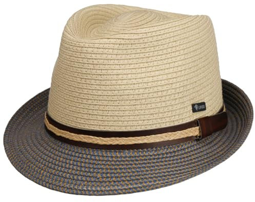 Lipodo Chapeau en Paille Montenovo Trilby Homme - Made in Italy de Soleil avec Bandeau Cuir Ete Printemps-ete - L (58-59 cm) Beige-Bleu