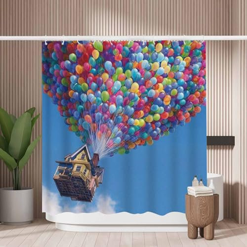 Woutay Shower Curtain Water Repellant Fabric Flying House with Ballons,Mould Proof Resistant,Polyester,with 12 Plastic Hooks