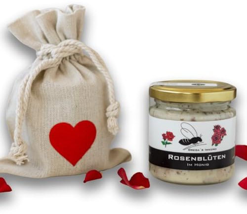Gregas Imkerei Honig - Leinensäckchen mit Herz und Honig deiner Wahl - Das perfekte Geschenk- ideal als Mitbringsel zu Muttertag, Vatertag & Valentinstag (Rosenblüten im Honig)
