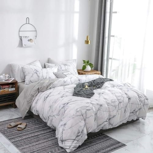 Luofanfei Baumwolle Bettwäsche 135x200 Marmor Optik Weiß Wende Bettwäsche Set Atmungsaktive Baumwollbettwäsche mit Reißverschluss Zweiseitig Gedruckt Einzelbett und Kissenbezug 80x80 cm