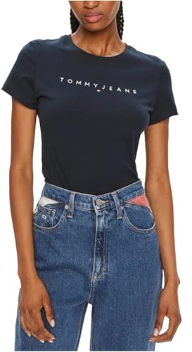 Tommy Jeans Damen T-Shirt Kurzarm Linear Slim Fit, Blau (Dark Night Navy), L