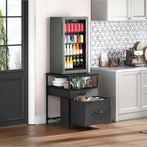 Herture Mini Fridge Stand with 3 Storage, Mini Fridge Cabinet, Beverage Fridge Table, Heavy Duty 55.2cm L * 57.68cm W Tabletop, for Dorm, Apartment,Office, Bedroom Black HB01BXB